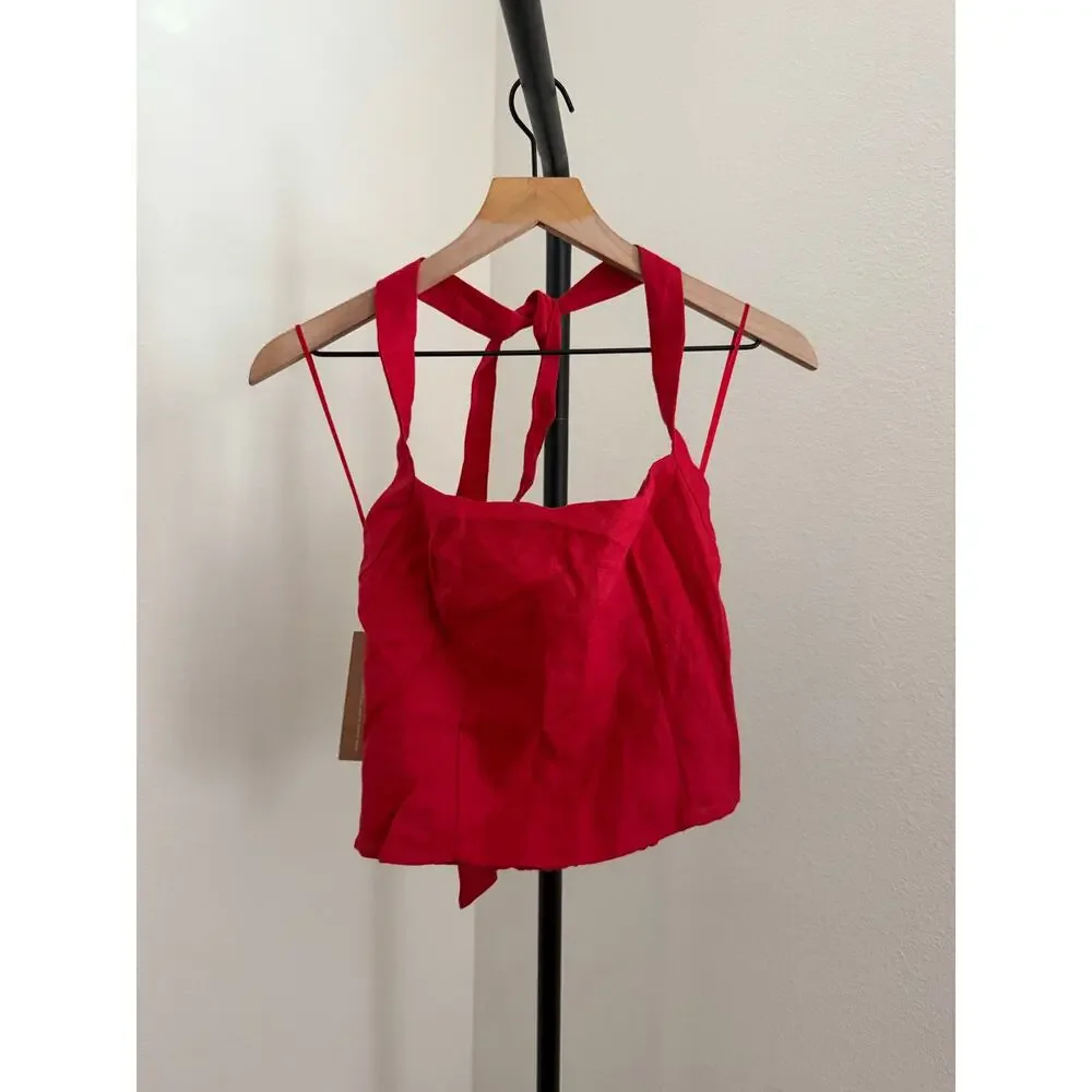 $169 New Kourt Dixie red linen halter top blouse size 2